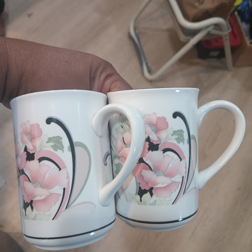 Sango White and Pink Floral Mugs